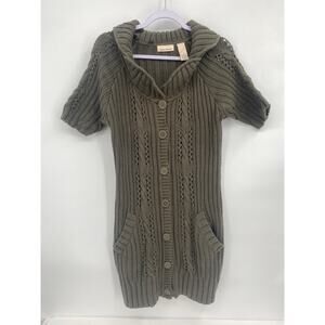 DKNY Long Olive Green Button Up Sweater Short Sleeve Collared Pockets Medium